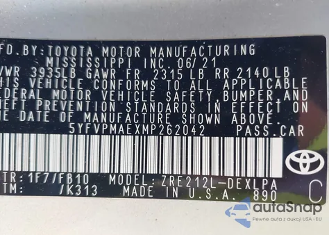 2021 Toyota Corolla Le из США, поврежденный, VIN 5YFVPMAEXMP262042